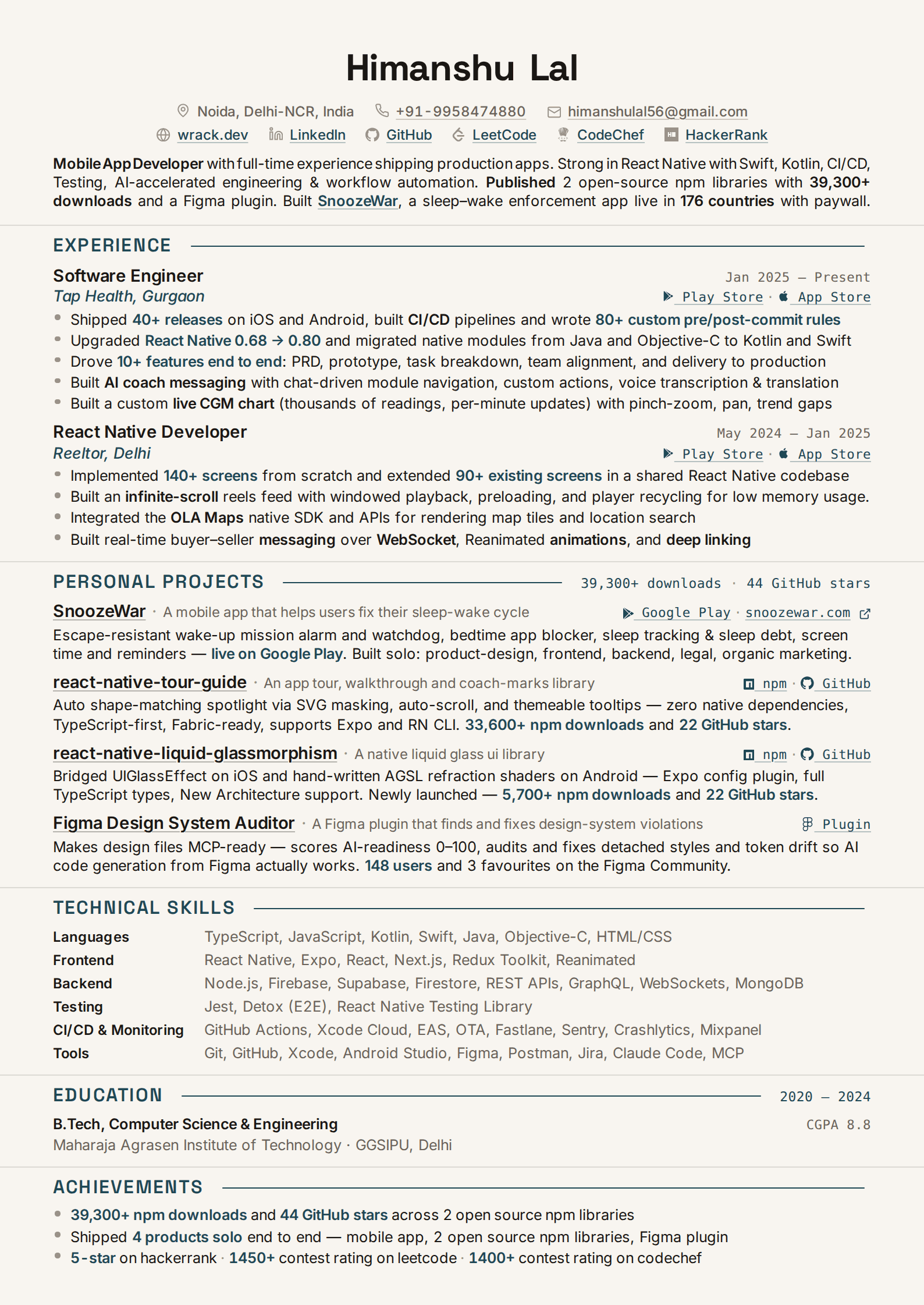 Himanshu Lal's resume, one page: experience at Tap Health and Reeltor, open-source libraries, education, and skills