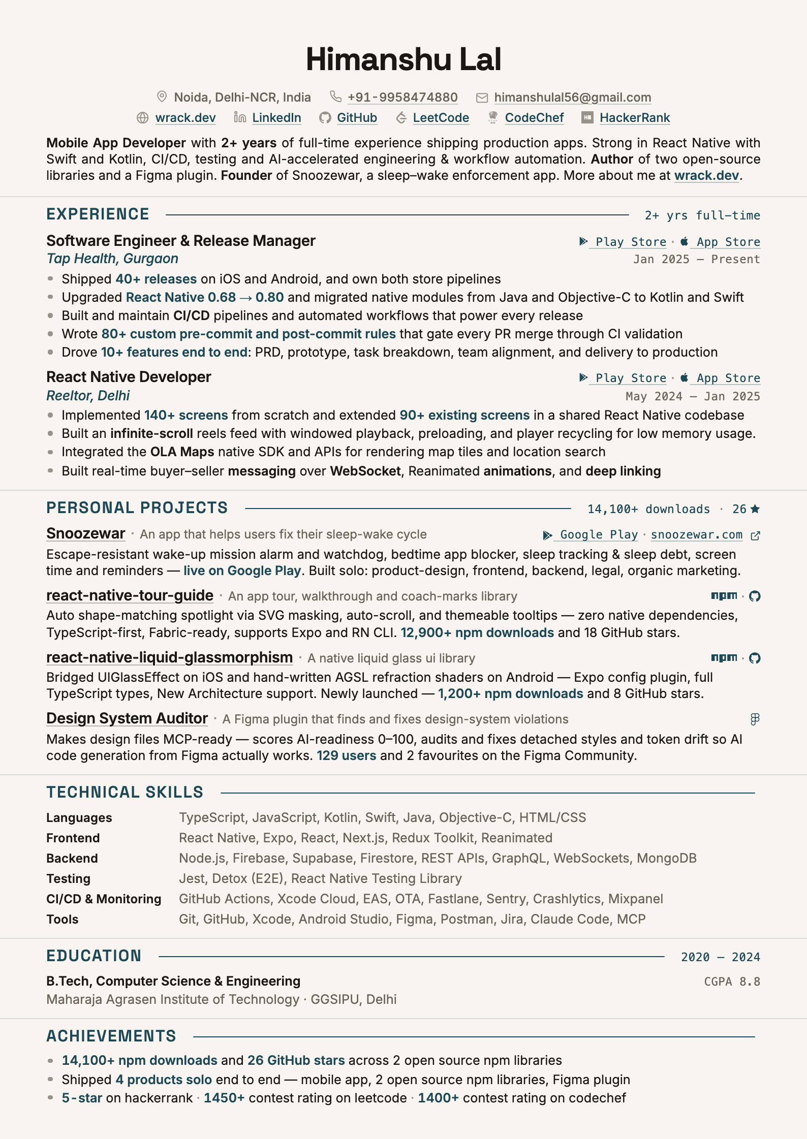 Himanshu Lal's resume, one page: experience at Tap Health and Reeltor, open-source libraries, education, and skills